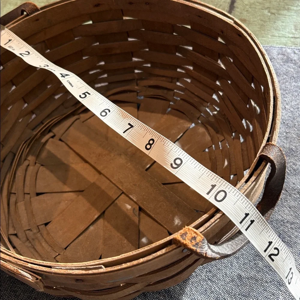 Signed 1982 Handwoven Wood Splint Basket Leather Handles Primitive